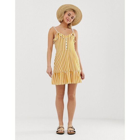 Asos Design Cami Mini Sundress with Buttons and Tiered Hem Yellow 6 Striped NWT - Picture 1 of 13